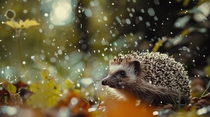Fototapeta premium A brown hedgehog is standing in a forest with leaves on the ground