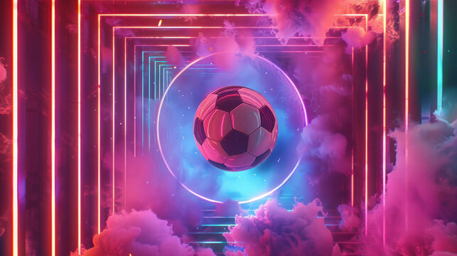 Circular soccer space technology with a soccer ball and a nebula floating in the cube.