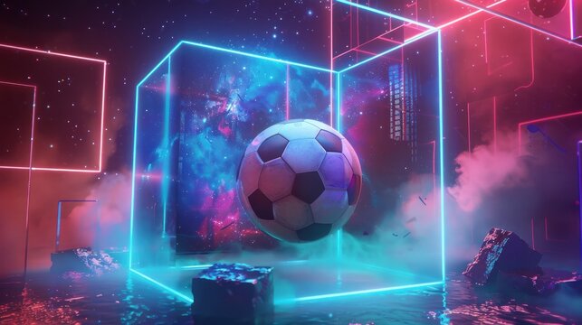 Circular soccer space technology with a soccer ball and a nebula floating in the cube.