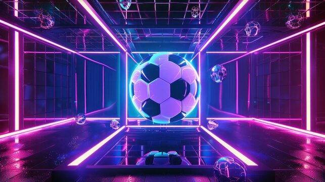 Circular soccer space technology with a soccer ball and a nebula floating in the cube.