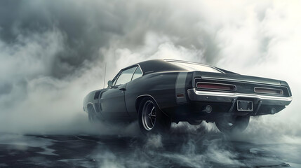 A classic muscle car doing a burnout