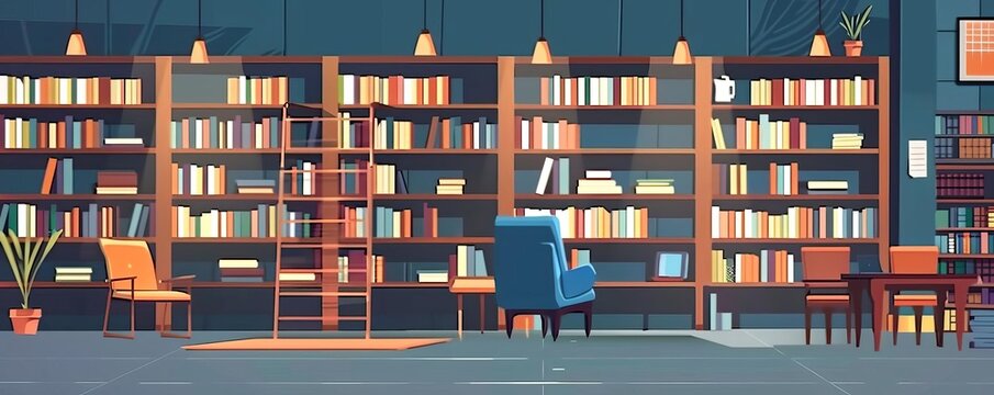 library setting flat design side view reading space theme animation vivid