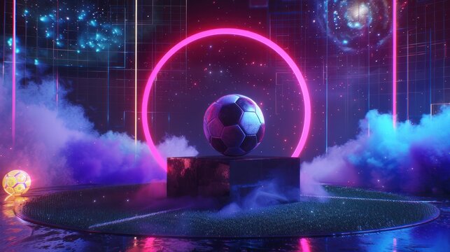 Circular soccer space technology with a soccer ball and a nebula floating in the cube.