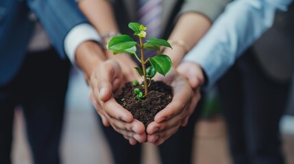  Business people hold plant together , ecology concept