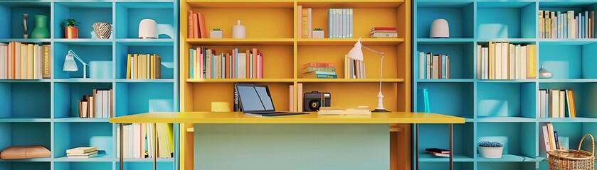 organized library flat design front view study environment theme 3D render Triadic Color Scheme