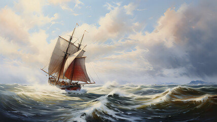Obraz premium Sailing boat on the sea at sunset. Digital painting in oil.