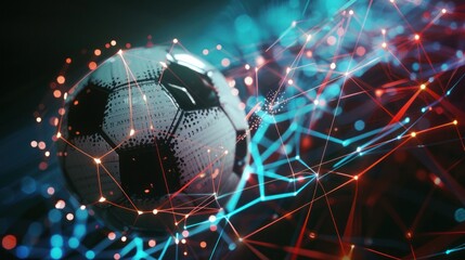 A soccer ball with futuristic network connection technology on colors neon background.
