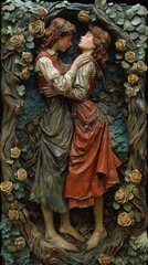 Obraz premium Intricately detailed artwork depicting two young women in Renaissance attire, surrounded by floral vines and golden roses, evoking a sense of deep emotion and connection
