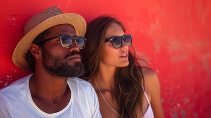 Two stylish friends wearing sunglasses and casual summer outfits, leaning against a vibrant red wall, enjoying a sunny day together