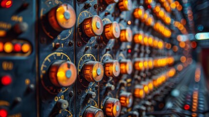 A detailed and colorful close-up of numerous glowing control knobs and dials on an intricate piece of vintage electronic equipment