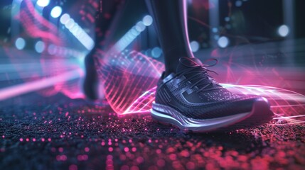 Close up of a runner shoes on a track with a holographic digital wave and data visualization background, depicting technology in sport.
