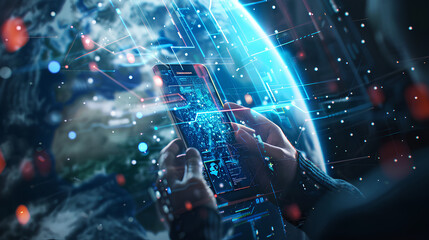 Mobile global internet communications. World wide web on phone via wireless satellite network technology. Smartphone digital connection at clouds services of all earth. Holographic abstract interface
