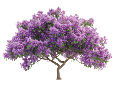 A vibrant purple tree with green leaves stands tall and isolated against a black background.