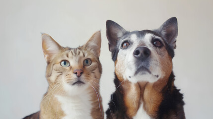 Obraz premium Portrait of Happy dog and cat that looking at the camera together isolated on white background, friendship between dog and cat, amazing friendliness of the pets