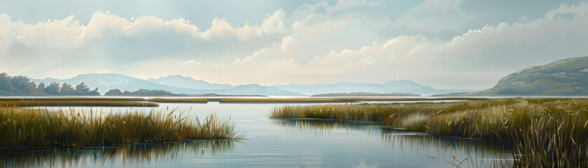 Fototapeta premium A calm lake with a few small islands in the distance