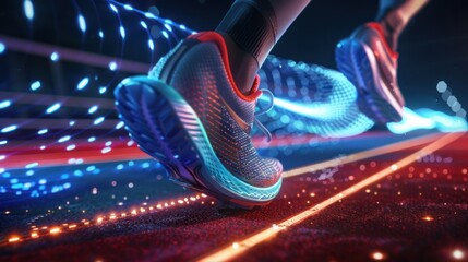 Close up of a runner shoes on a track with a holographic digital wave and data visualization background, depicting technology in sport.