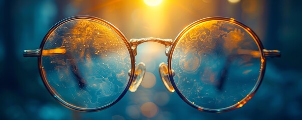 Aesthetic close-up of round eyeglasses with fogged and partially transparent lenses illuminated by a warm glowing sunlight background