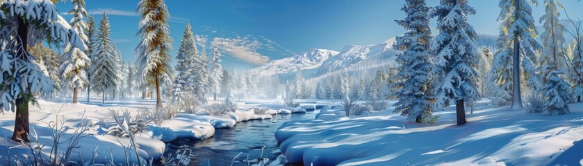 A snowy landscape with a river and trees