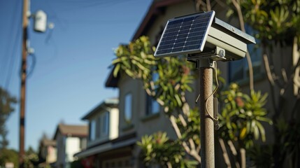 Obraz premium A security camera with a solar panel attached is mounted on a tall sy pole in a residential neighborhood.