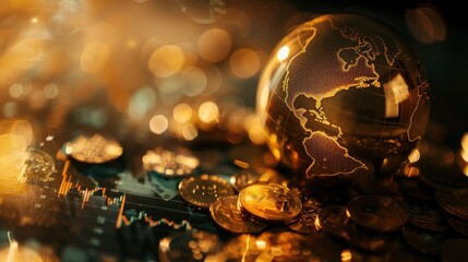 Gothic style globe on the background of stock market charts and coins, business concept.