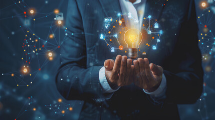 Project Management Success Concept. Hands of businessman holding light bulb and Project Management Icon with data network digital technology. Strategic Planning, Team Collaboration