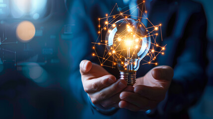 Project Management Success Concept. Hands of businessman holding light bulb and Project Management Icon with data network digital technology. Strategic Planning, Team Collaboration
