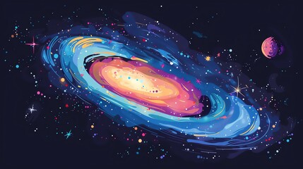 Irregular galaxy flat design side view astronomical wonder theme cartoon drawing Triadic Color Scheme