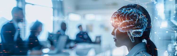 Digital collage of medical icons and brain overlay in futuristic technology setting