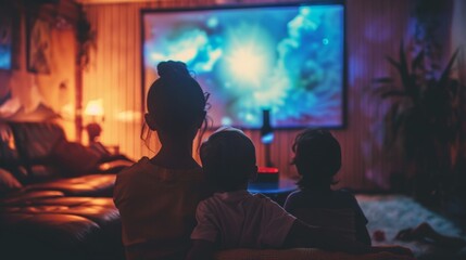 A family enjoying a movie night powered by a solarpowered projector bringing entertainment and joy to their rural home.