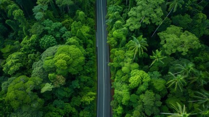 Flat view of road through green forest, healthy rain forest