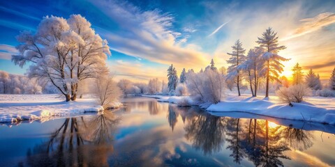 A beautiful winter scene with a lake and trees