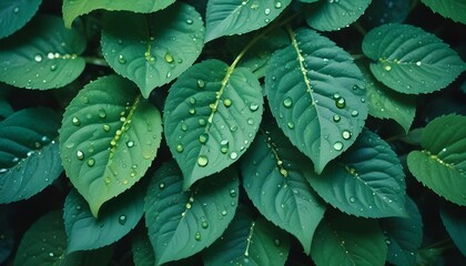 Obraz premium Overlapping green leaves with water droplets, creating a natural, textured pattern