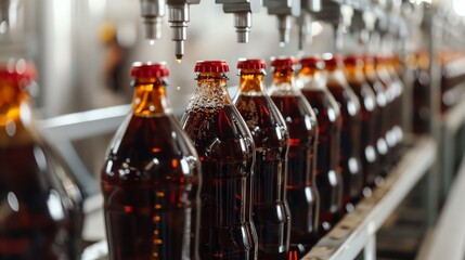 A soda bottling plant with bottles being filled