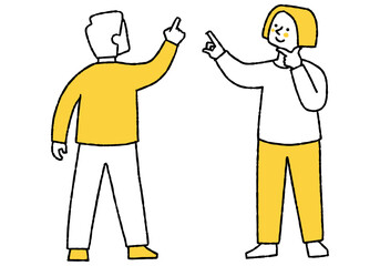 A man and a woman pointing to a certain place and thinking