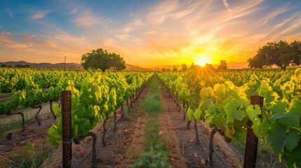 Rows of grapevines stretching out under a vibrant sunrise, symbolizing wine country AI generated