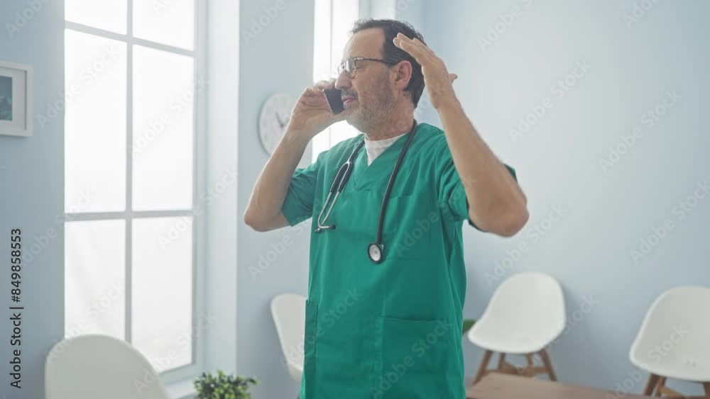 Poster A stressed male doctor in scrubs with a stethoscope in a bright clinic room talking on a smartphone