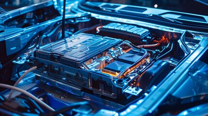 Solid-state battery pack design for electric vehicle (EV) concept, new research and development batteries with solid electrolyte energy storage for future car industry, 3d Illustration
