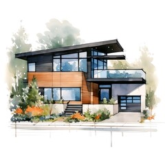 A Modern Watercolor Cottage House with Stylish Contemporary Design Elements