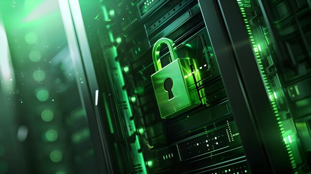 Close-Up of Secure Server with Green Padlock,Cybersecurity Element,Digital
