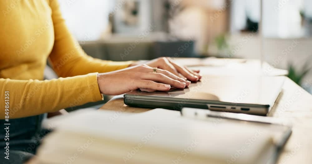 Poster woman, home and hands typing on laptop for email, data entry and business report for company project