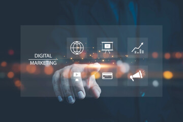 Digital marketing commerce online sale concept, Digital platform for online marketing and network technology concepts, digital , website ad, email, social network, video, SEO and business strategy.