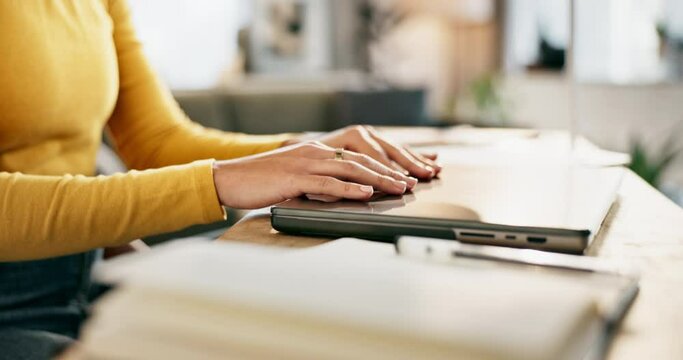 Woman, home and hands typing on laptop for email, data entry and business report for company project or task. Girl, internet and communication for remote work updates, spreadsheet and finish with job