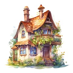 Fairy-tale Cottage House with Whimsical Watercolor Painting Style