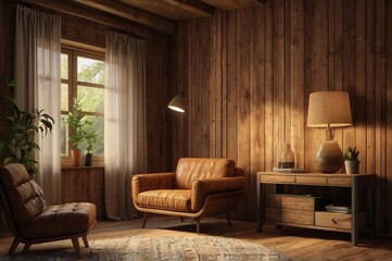 A cozy, rustic living room with wooden walls, floor, and ceiling. The room features a large window with sheer curtains, comfortable leather armchair. Plants and decorative items