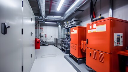 Industrial Generator Room with Backup Power and Safety Signage on Isolated White Background