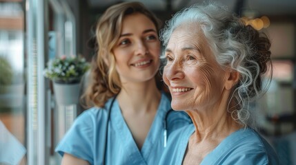 An elder woman with silver hair shares a joyful moment with a younger female caregiver, depicting companionship and care
