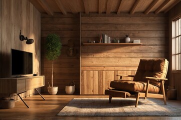 A cozy, rustic living room with wooden walls, floor, and ceiling. The room features a large window with sheer curtains, comfortable leather armchair. Plants and decorative items