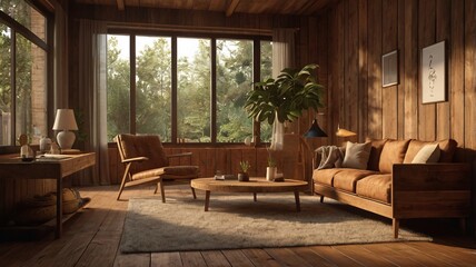 Cozy Living Room with Wooden Interior , featuring a large window. The room is furnished with a brown leather sofa, a wooden coffee table, and an armchair. There are plants and decorative items.