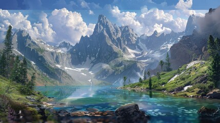 Untouched wilderness with jagged peaks, alpine meadows, and crystal-clear lakes AI generated