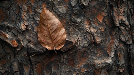 A dry leaf gracefully rests on the rough surface of a tree revealing nature s detailed handiwork in a brief moment of tranquil elegance